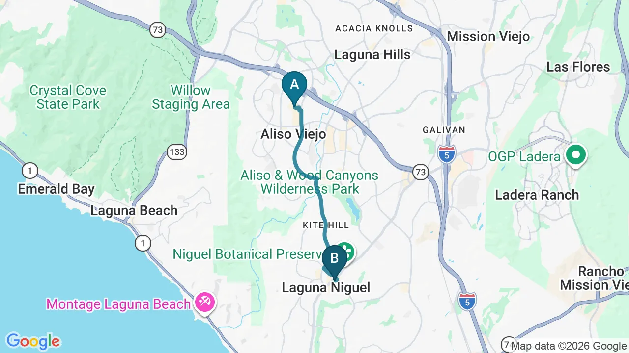 Driving directions map from Aliso Viejo, CA to Divine Healing Chiropractic in Laguna Niguel
