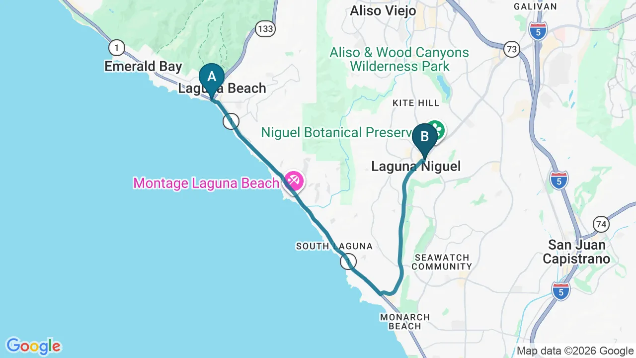 Driving directions map from Laguna Beach, CA to Divine Healing Chiropractic in Laguna Niguel