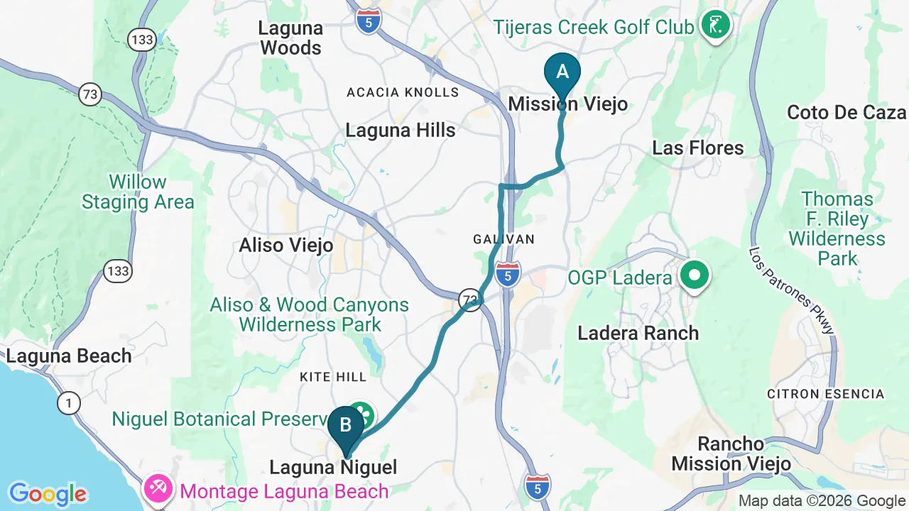 Driving directions map from Mission Viejo, CA to Divine Healing Chiropractic in Laguna Niguel